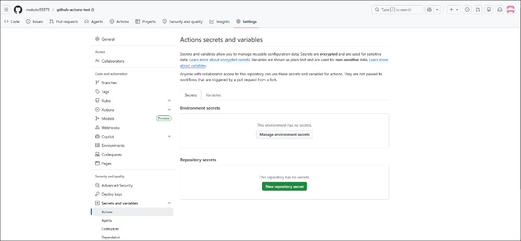 Actions Secrets 画面 — 今回の PAT 発行場所ではない